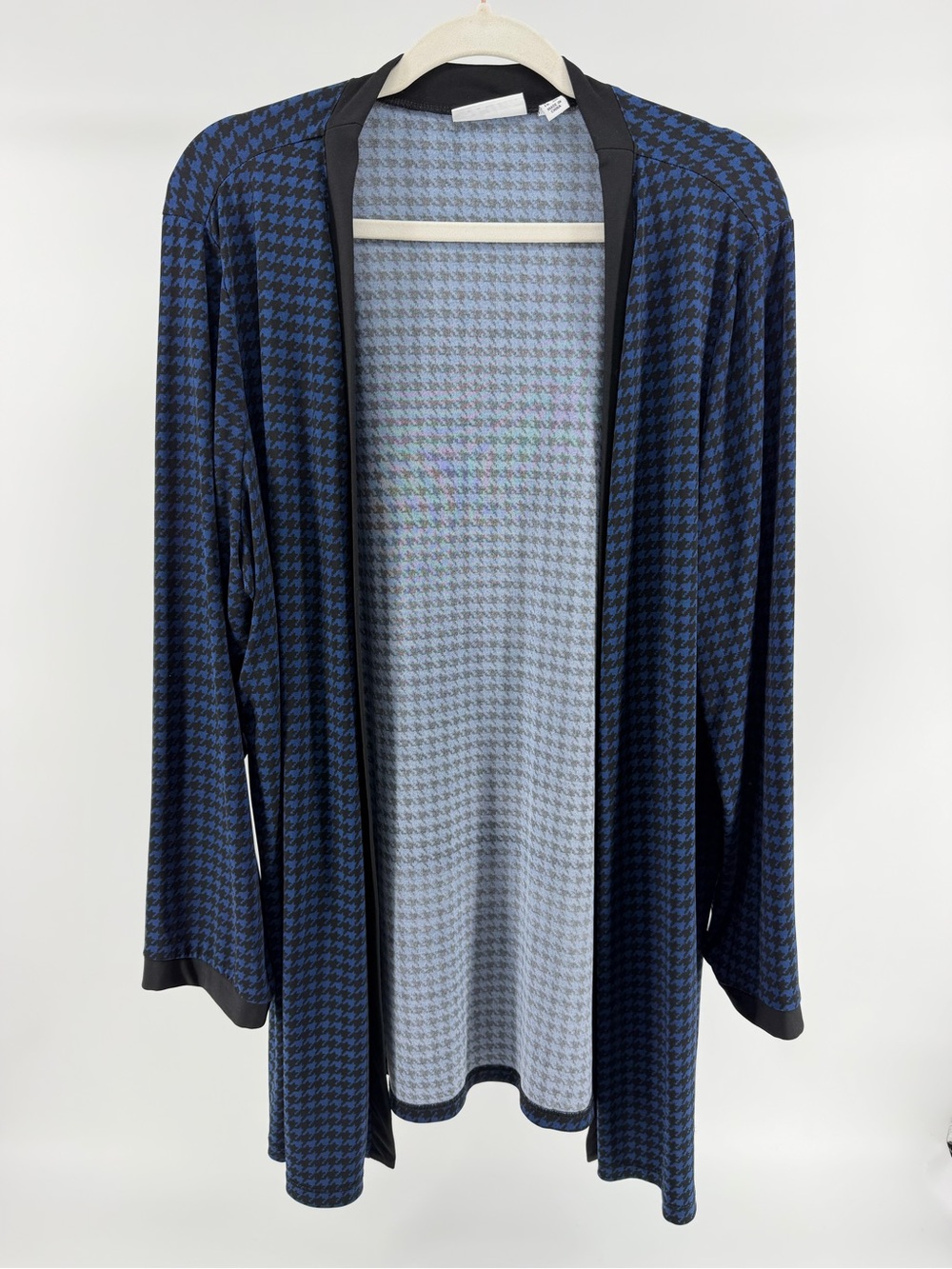 Susan Graver Black & Blue Houndstooth Stretch Knit Open Front Cardigan, Size 2X